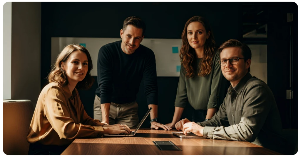 Group of people standing by a table