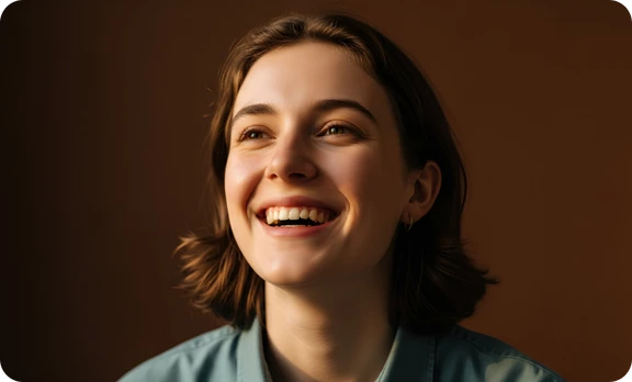 Woman with short hair laughing